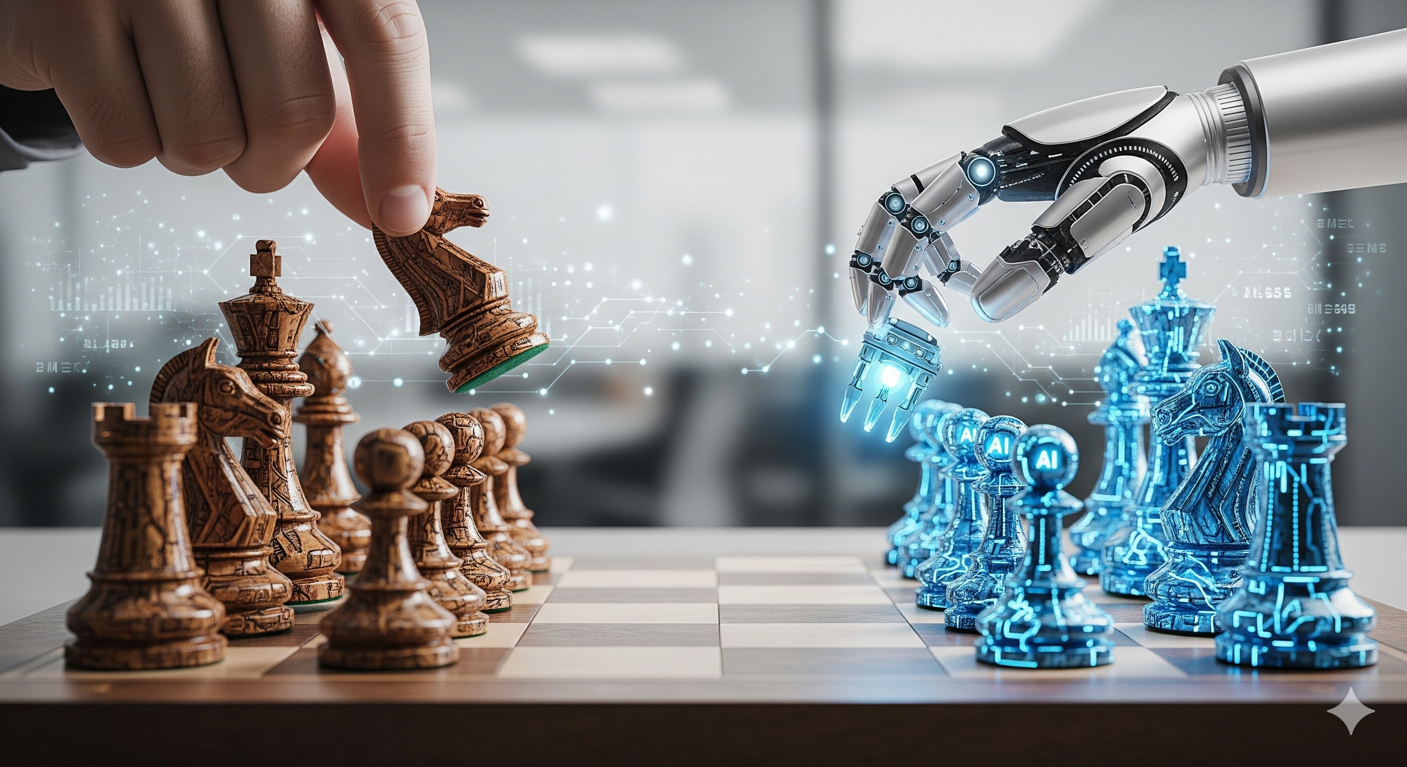 Una representación visual de la paradoja de la IA: en el lado izquierdo, contenido idéntico generado por IA creando uniformidad, en el lado derecho, colaboración única humano-IA creando innovación revolucionaria. Un puente conecta ambos lados representando la elección estratégica que las empresas deben hacer.