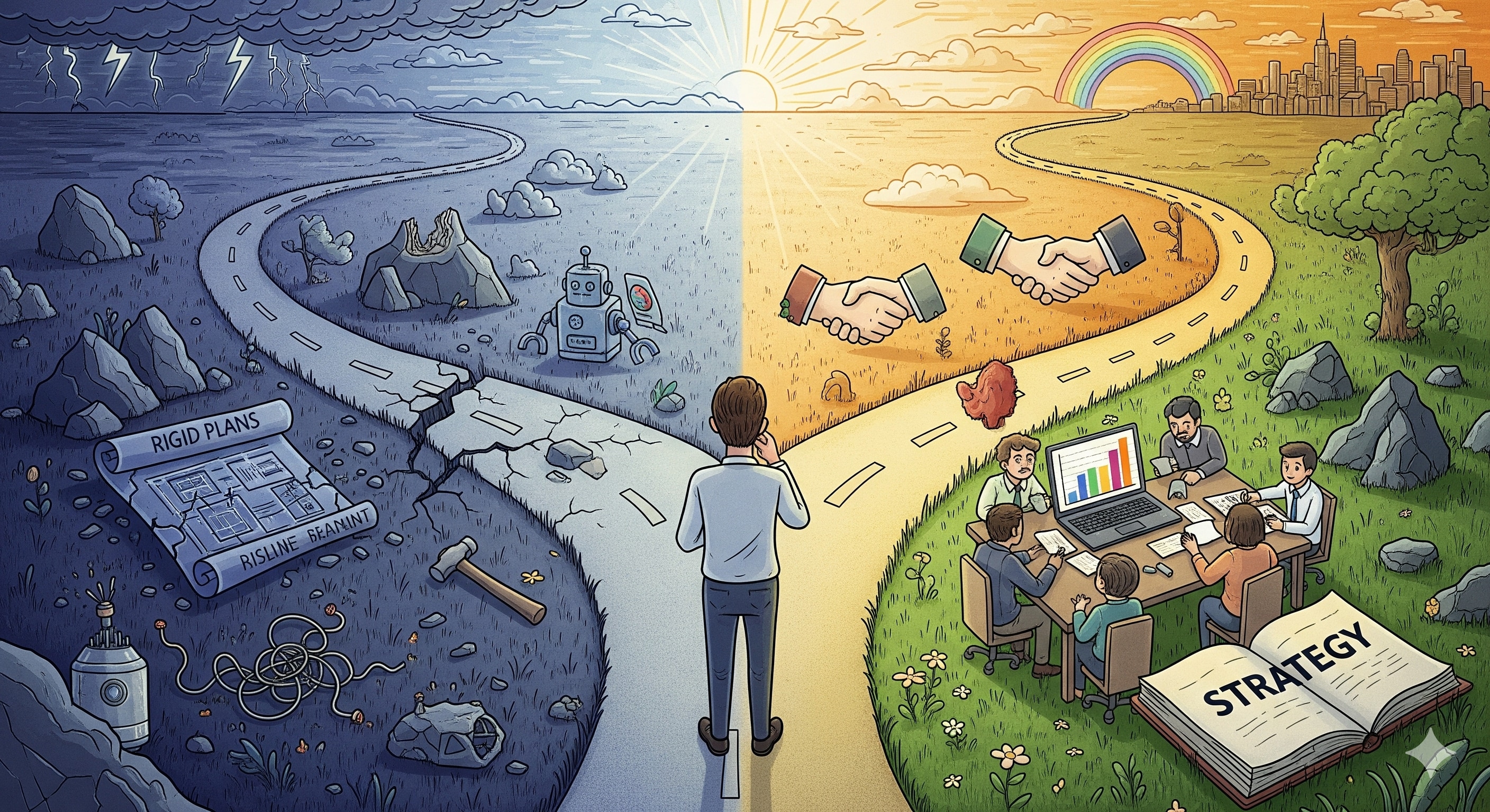 Ilustración de una bifurcación en el camino: a la izquierda un paisaje desolado con planes rígidos y fracaso, a la derecha un paisaje próspero con estrategia y éxito. Una persona en el centro contempla ambas opciones.